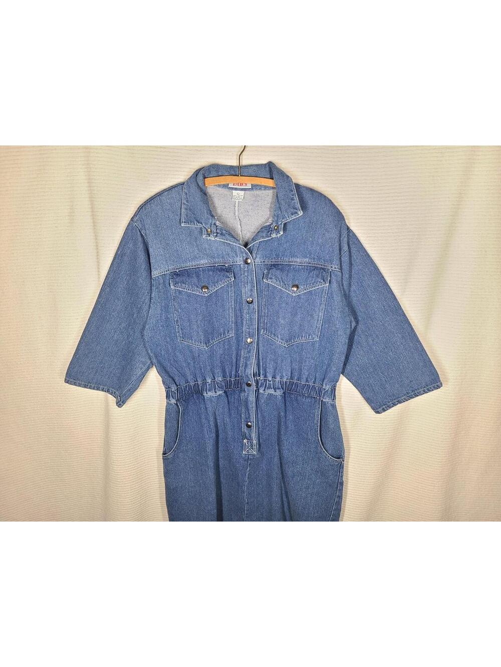 Vintage 90s Denim Dress 100% Cotton Blue Jeans Large Slim Skirt Snap Front Y2k - Picture 3 of 9